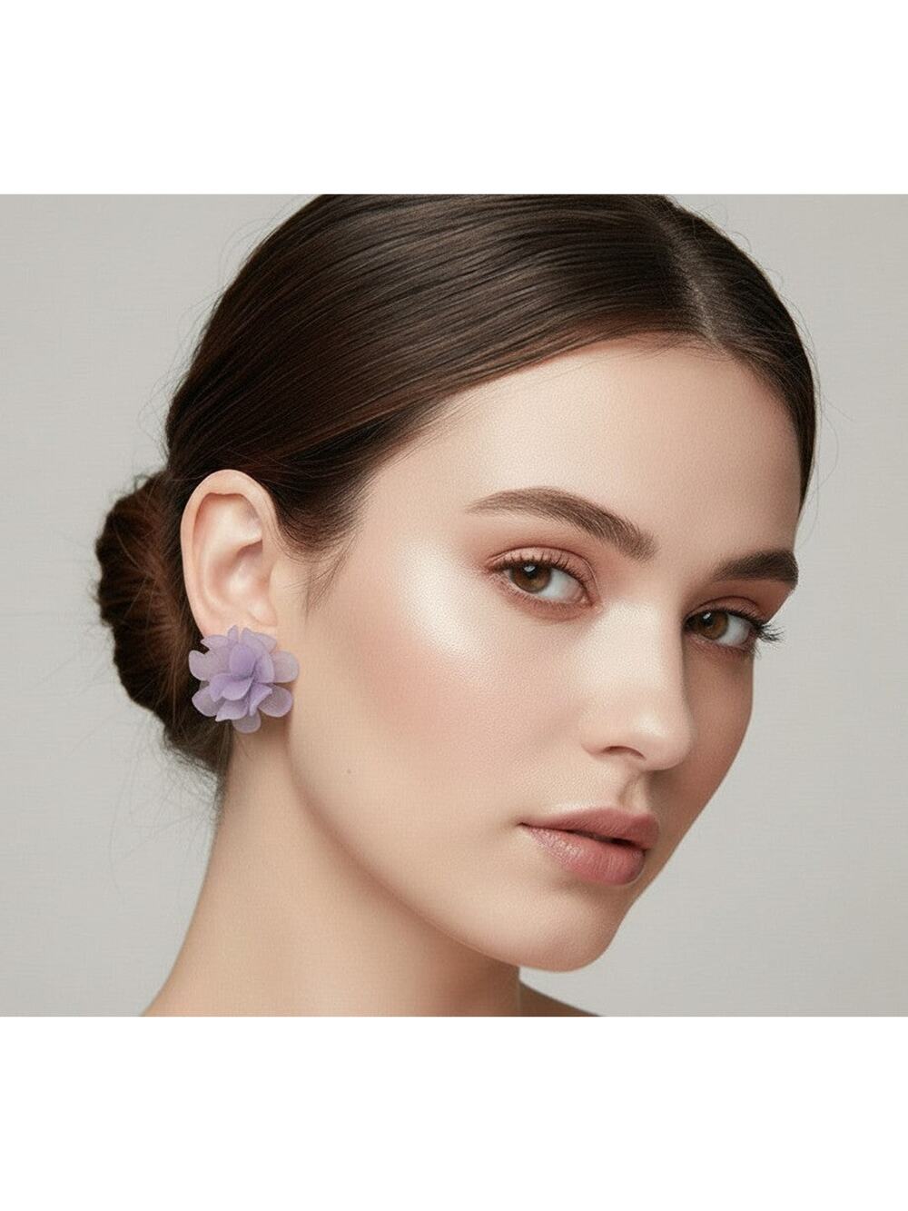 Classy clip on 1 1/4" gold and light purple petal flower button style earrings